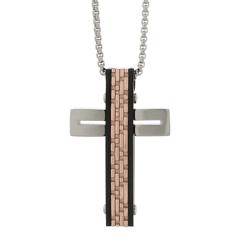 Mens Tri-Color Stainless Steel Textured Cross Pendant Necklace