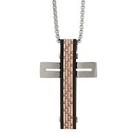 Mens Tri-Color Stainless Steel Textured Cross Pendant Necklace