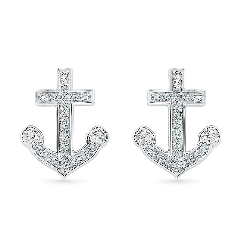 1/10 CT. T.W. Natural White Diamond Sterling Silver 15mm Anchor Stud Earrings