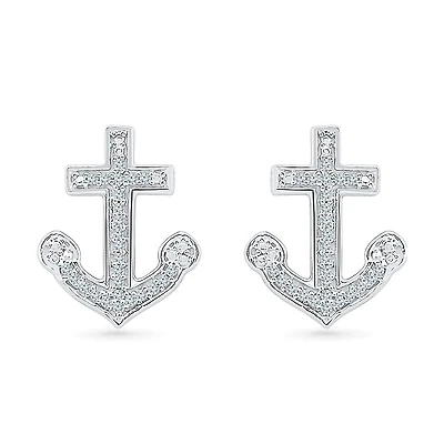 1/10 CT. T.W. Natural White Diamond Sterling Silver 15mm Anchor Stud Earrings