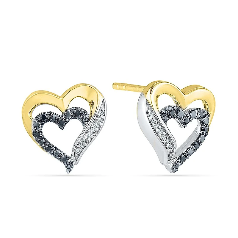 1/10 CT. T.W. Natural Black Diamond 10K Gold Over Silver 11.5mm Heart Stud Earrings