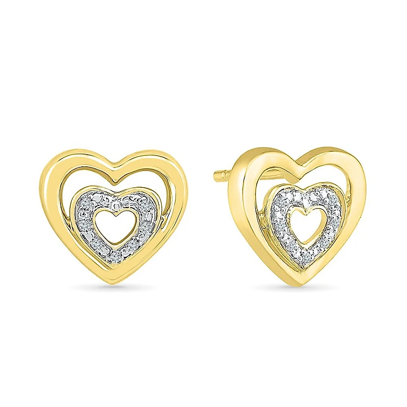 Diamond Accent Natural White Diamond 10K Gold Over Silver 10mm Heart Stud Earrings