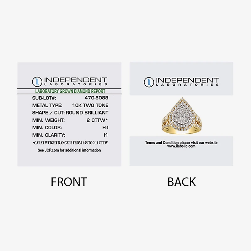 (H-I / I1) Womens 2 CT. T.W. Lab Grown White Diamond 10K Gold Pear Halo Cocktail Ring