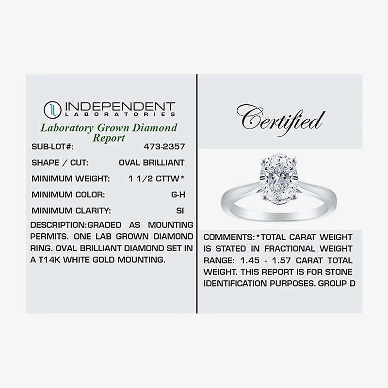 (H-I / SI2) Womens 1 1/2 CT. Lab-Grown White Diamond 14K Gold Oval Solitaire Engagement Ring