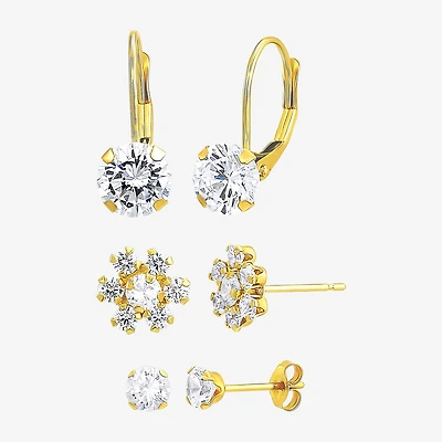 Womens Cubic Zirconia 10K Gold 3 Pair Earring Set