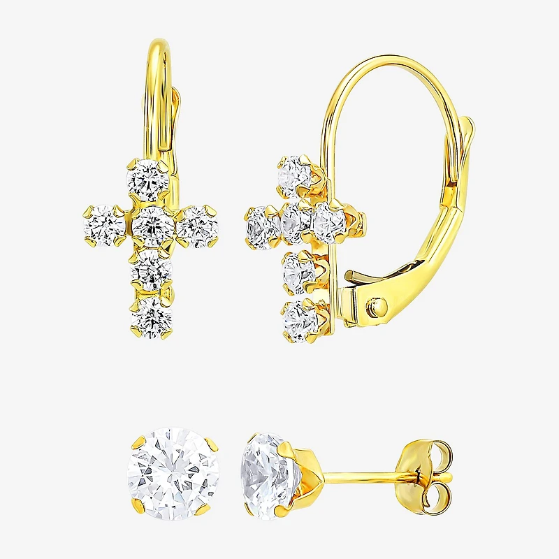 Religious Jewelry Cross Womens White Cubic Zirconia 10K Gold 2 Pair Earring Set