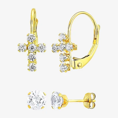 Religious Jewelry Cross Womens White Cubic Zirconia 10K Gold 2 Pair Earring Set
