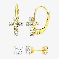 Religious Jewelry Cross Womens White Cubic Zirconia 10K Gold 2 Pair Earring Set