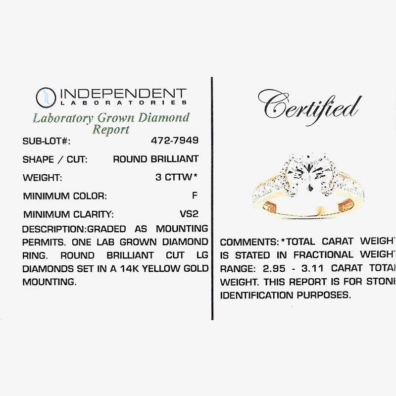 (F / Vs2) Womens 3 CT. T.W. Lab Grown White Diamond 14K Gold Round Side Stone Halo Engagement Ring