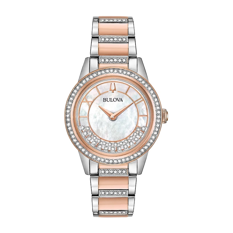 Bulova Turnstyle Womens Crystal Accent Two Tone Stainless Steel Bracelet Watch 98l246