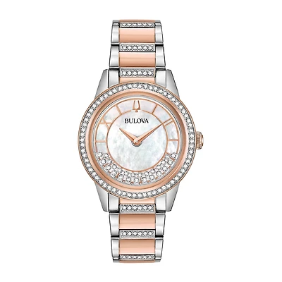 Bulova Turnstyle Womens Crystal Accent Two Tone Stainless Steel Bracelet Watch 98l246