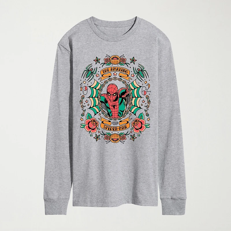 Novelty Mens Crew Neck Long Sleeve Regular Fit Marvel Spiderman Graphic T-Shirt
