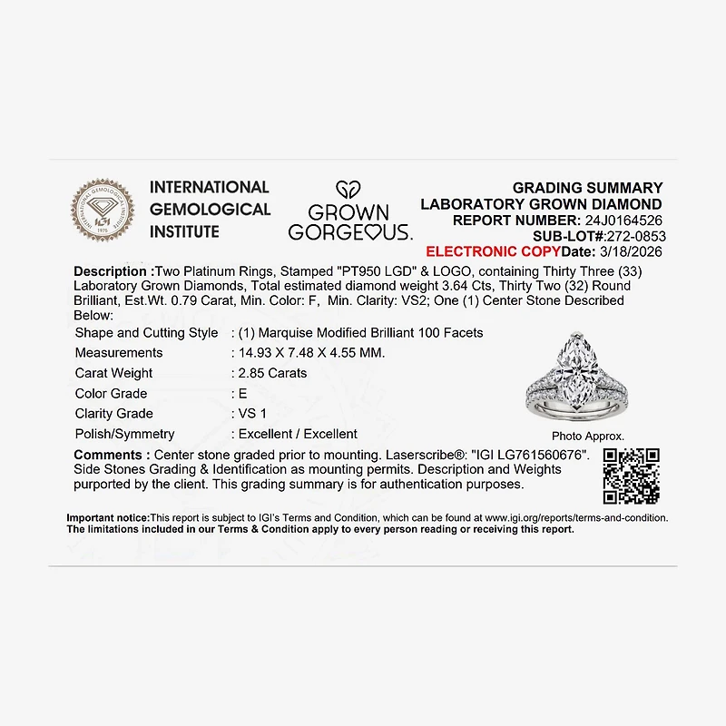 Grown Gorgeous (F,Vs2) Womens 3 5/8 Ct. T.W. Lab White Diamond 14K Gold or Platinum Marquise Side Stone Bridal Set