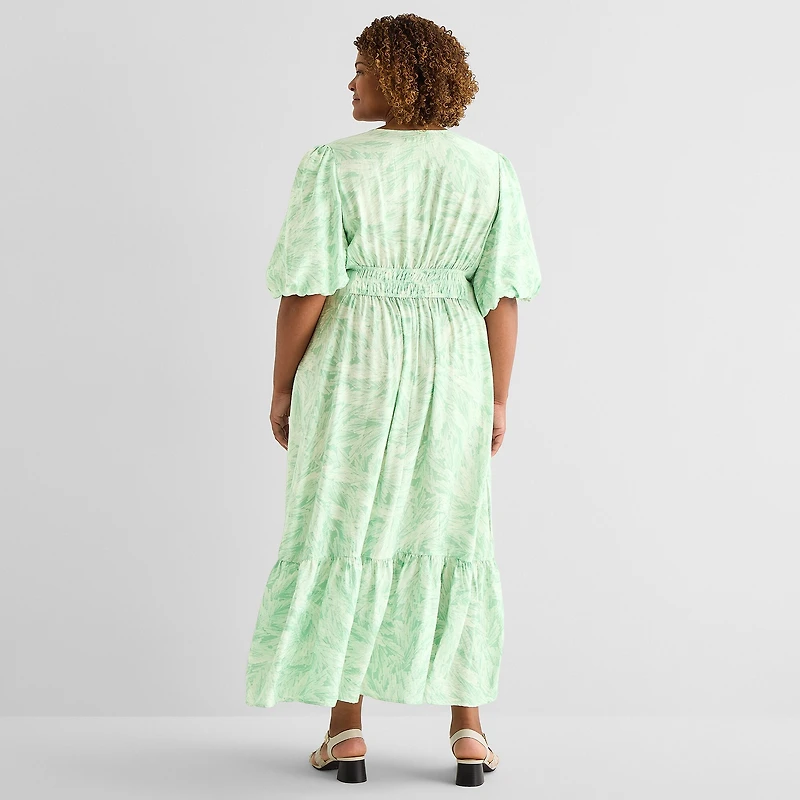 Melonie T Womens Plus V Neck Short Sleeve Puffed Maxi Dress