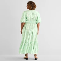 Melonie T Womens Plus V Neck Short Sleeve Puffed Maxi Dress
