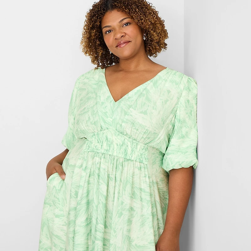 Melonie T Womens Plus V Neck Short Sleeve Puffed Maxi Dress