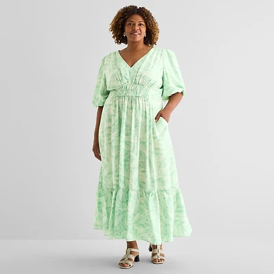 Melonie T Womens Plus V Neck Short Sleeve Puffed Maxi Dress