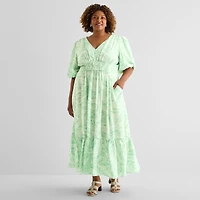 Melonie T Womens Plus V Neck Short Sleeve Puffed Maxi Dress