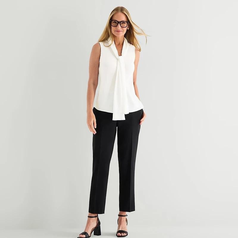 Black Label by Evan-Picone Womens Split Tie Neck Sleeveless Blouse