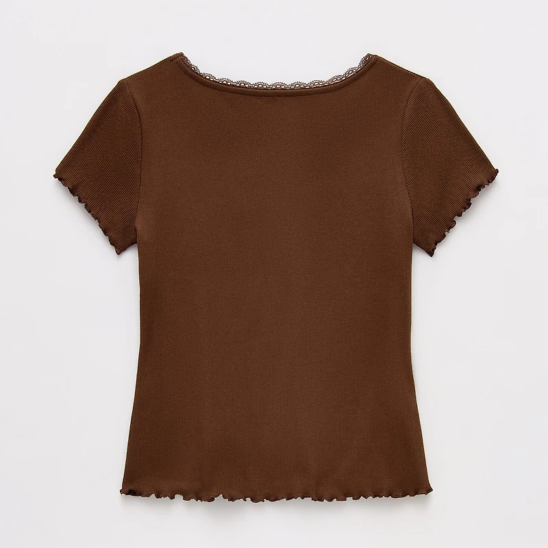 Thereabouts Little & Big Kid Girls V Neck Short Sleeve Lace Trim T-Shirt