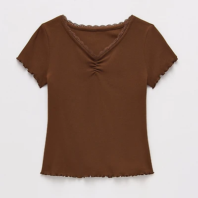Thereabouts Little & Big Kid Girls V Neck Short Sleeve Lace Trim T-Shirt