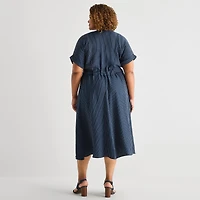 Danny & Nicole Womens Plus Midi V Neck Short Sleeve Cuffed Striped Fit + Flare Dress