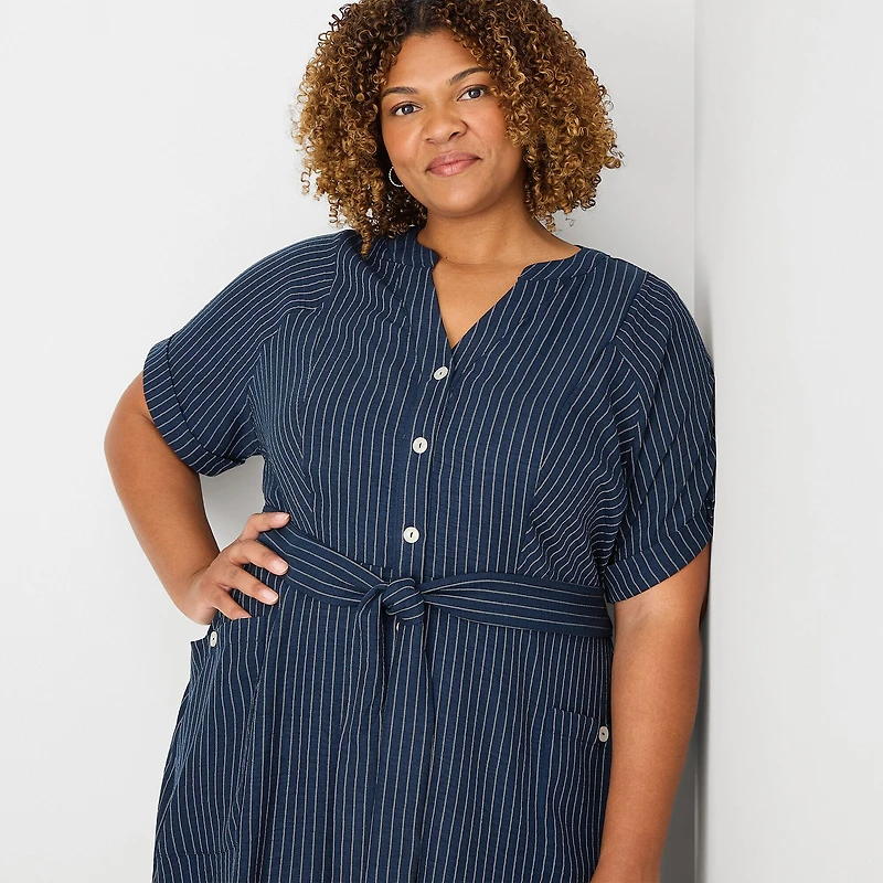 Danny & Nicole Womens Plus Midi V Neck Short Sleeve Cuffed Striped Fit + Flare Dress