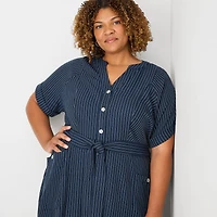 Danny & Nicole Womens Plus Midi V Neck Short Sleeve Cuffed Striped Fit + Flare Dress
