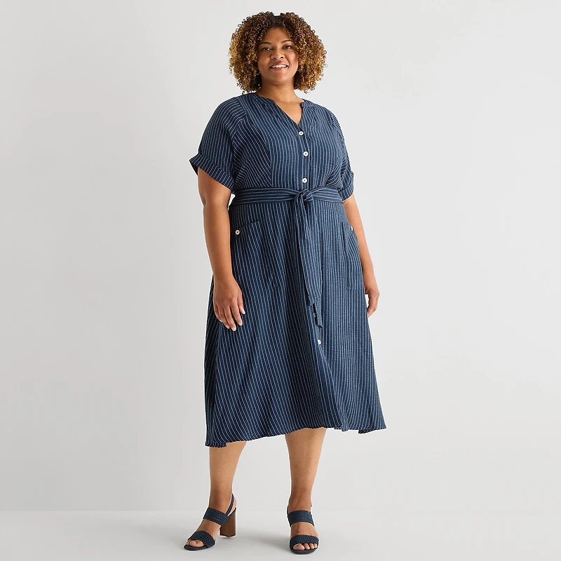 Danny & Nicole Womens Plus Midi V Neck Short Sleeve Cuffed Striped Fit + Flare Dress