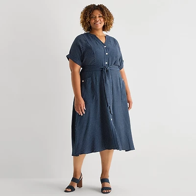 Danny & Nicole Womens Plus Midi V Neck Short Sleeve Cuffed Striped Fit + Flare Dress