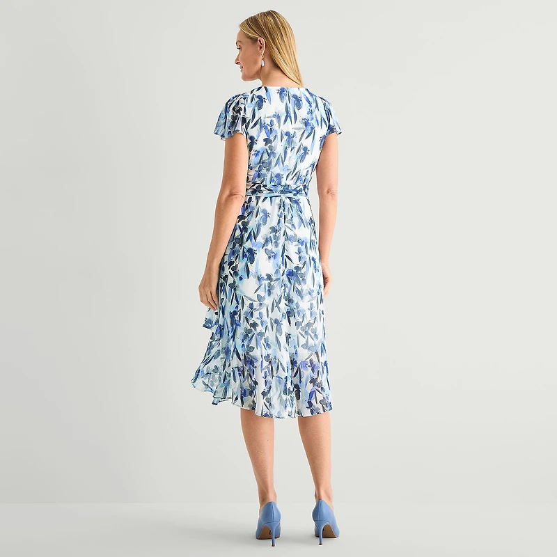 Marc New York Womens Midi V Neck Short Sleeve Flutter Floral Fit + Flare Dress