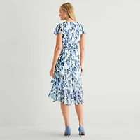 Marc New York Womens Midi V Neck Short Sleeve Flutter Floral Fit + Flare Dress