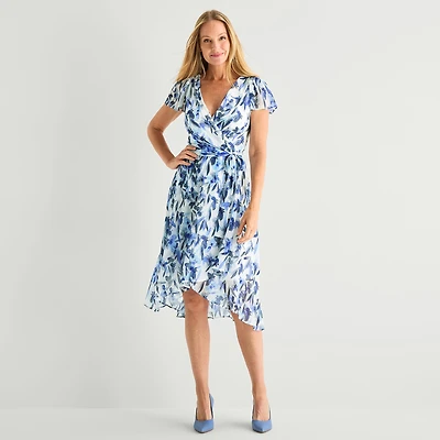 Marc New York Womens Midi V Neck Short Sleeve Flutter Floral Fit + Flare Dress