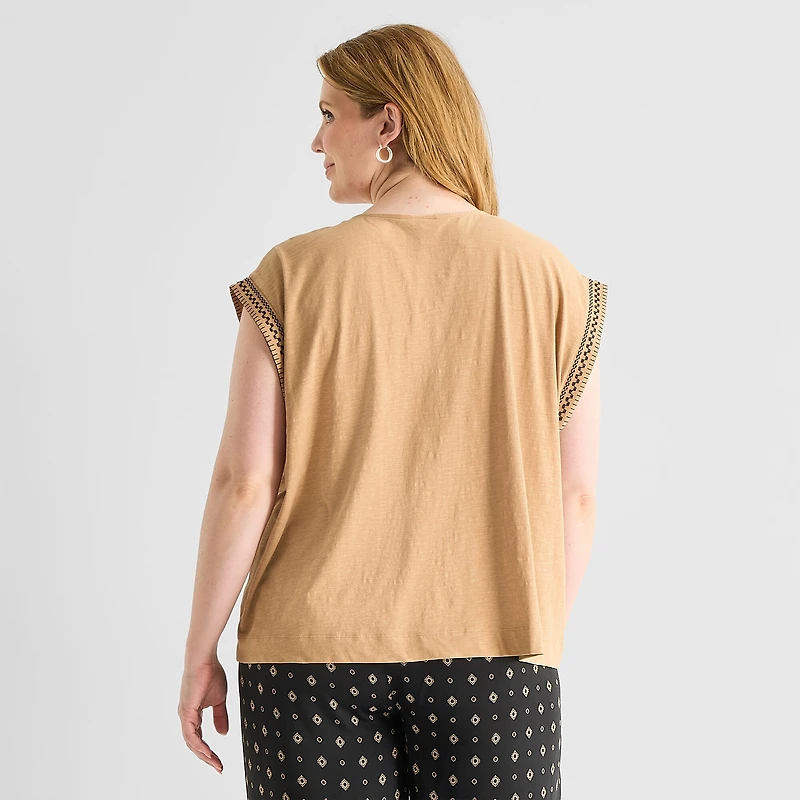 Liz Claiborne Womens Plus Round Neck Short Sleeve Blouse