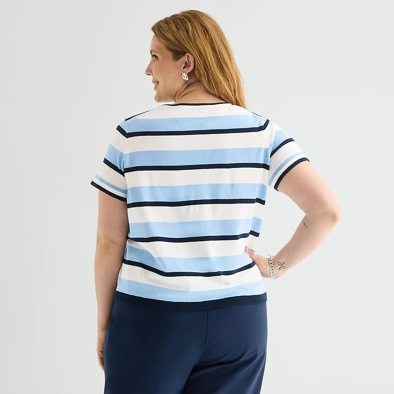 Liz Claiborne Plus Womens Crew Neck Short Sleeve Striped Pullover Sweater