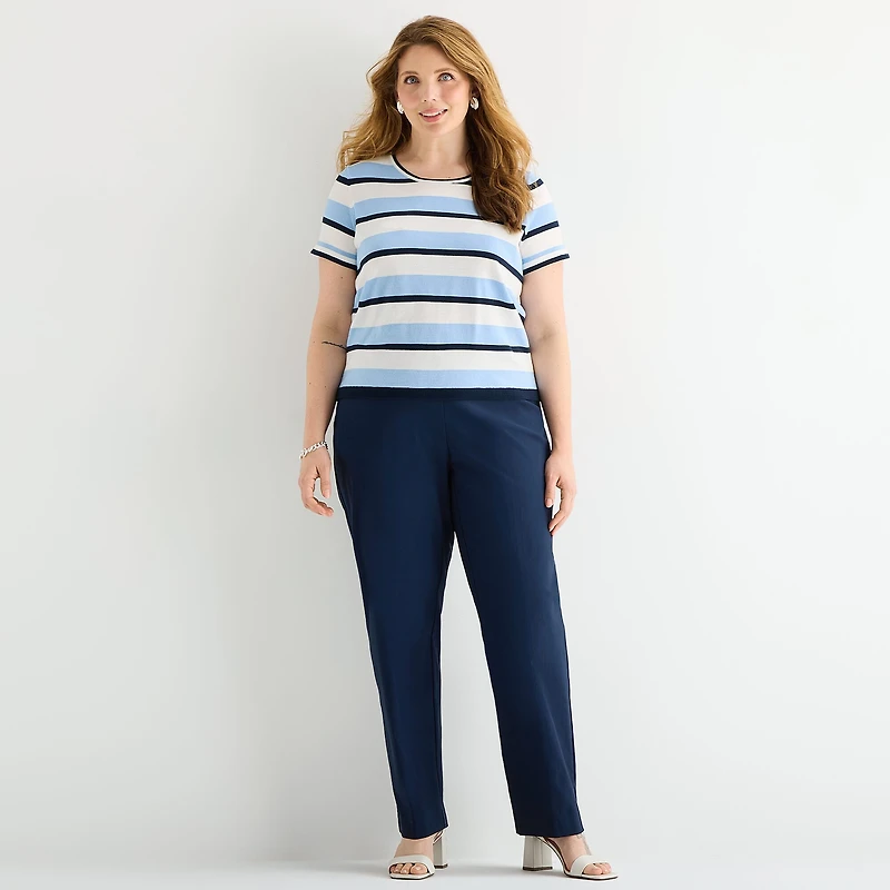 Liz Claiborne Plus Womens Crew Neck Short Sleeve Striped Pullover Sweater