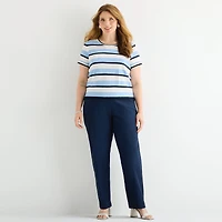 Liz Claiborne Plus Womens Crew Neck Short Sleeve Striped Pullover Sweater