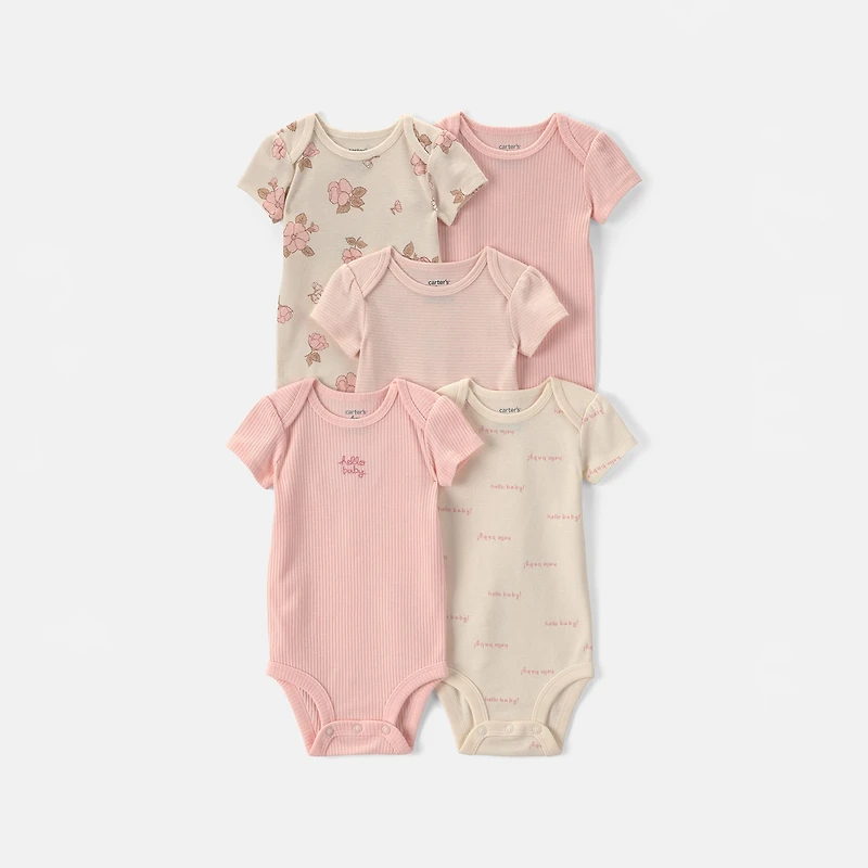 Carter's Baby Girls Crew Neck Short Sleeve Rib 5-pc. Bodysuit
