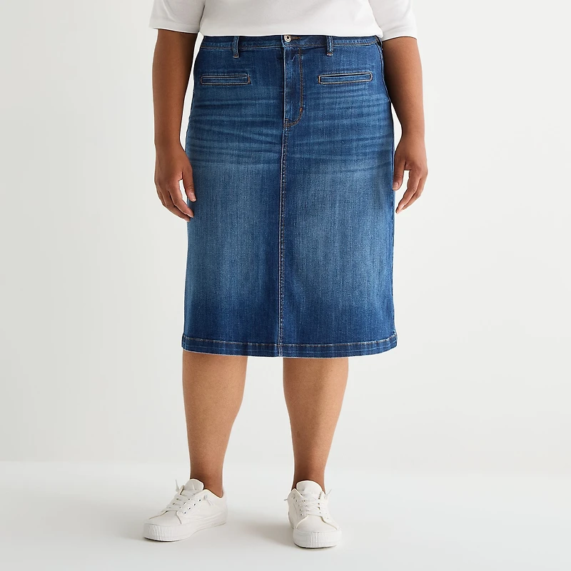 St. John's Bay Womens Plus High Rise Midi Denim Skirt
