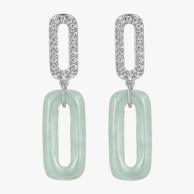 Womens Genuine Green Jade Sterling Silver Paperclip Drop Earrings