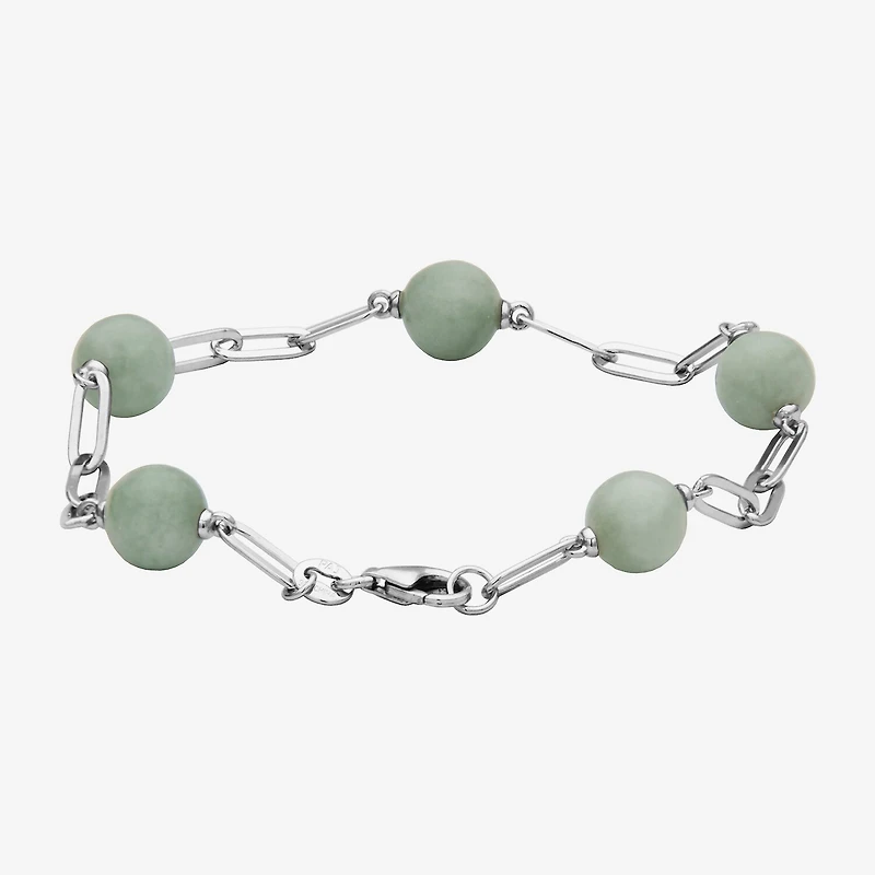 Womens Genuine Green Jade Sterling Silver Strand Bracelet