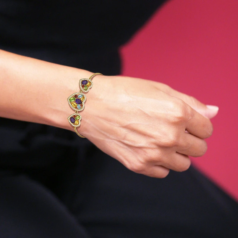 Womens Genuine Multi Color 18K Gold Over Silver Heart Bolo Bracelet