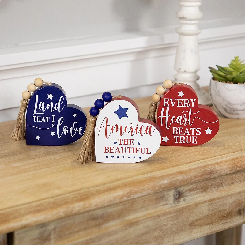 Northlight 3.75in Set Of 3 Hearts With Beaded Tassels Wooden 3-pc. Tabletop Decor