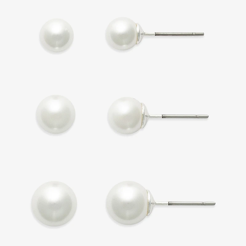Mixit Womens White Glass Simulated Pearl Hypoallergenic 3 Pair Earring Set