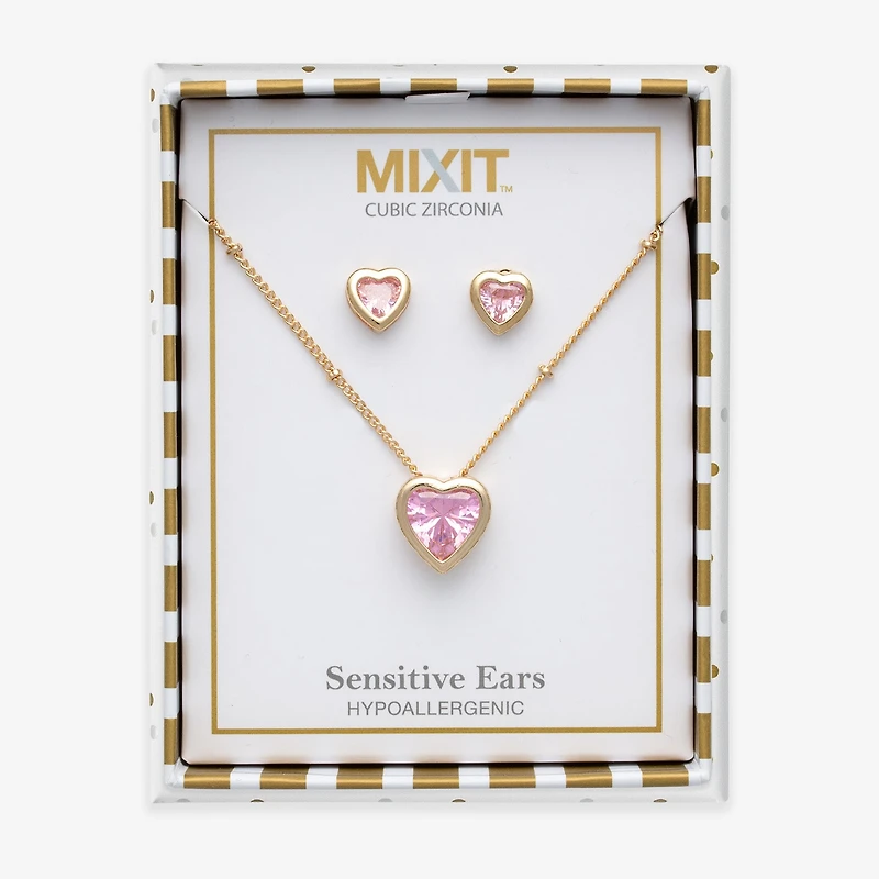 Mixit Womens Pink Cubic Zirconia Heart Hypoallergenic 3-pc. Jewelry Set