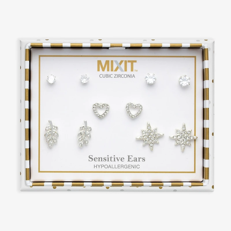 Mixit Womens Cubic Zirconia Heart Hypoallergenic 5 Pair Earring Set