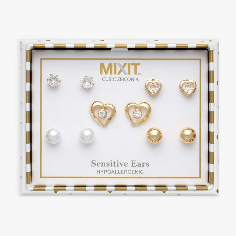 Mixit Womens Cubic Zirconia Heart Hypoallergenic 5 Pair Earring Set