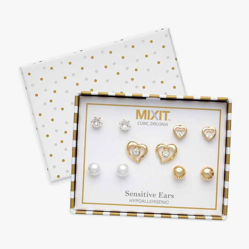 Mixit Womens Cubic Zirconia Heart Hypoallergenic 5 Pair Earring Set