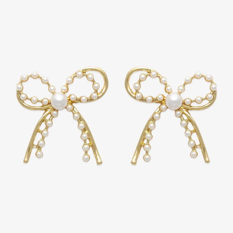 Bold Elements Gold Tone Womens Simulated Pearl Bow Drop Earrings