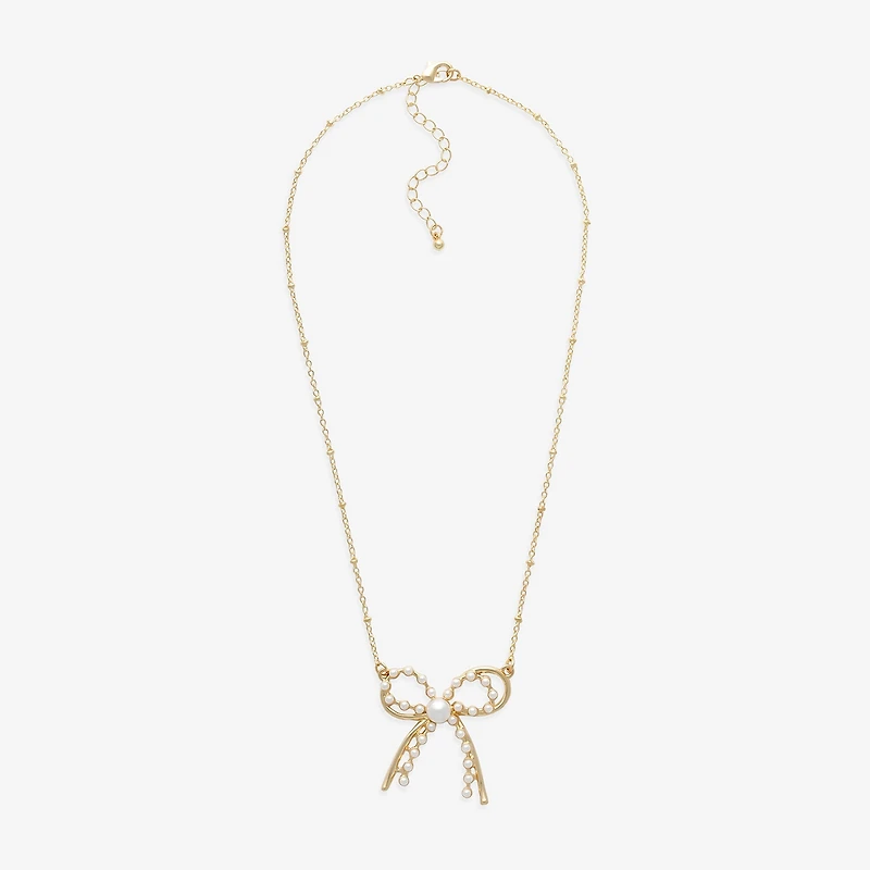 Bold Elements Gold Tone Womens Simulated Pearl Bow 18 Inch Pendant Necklace